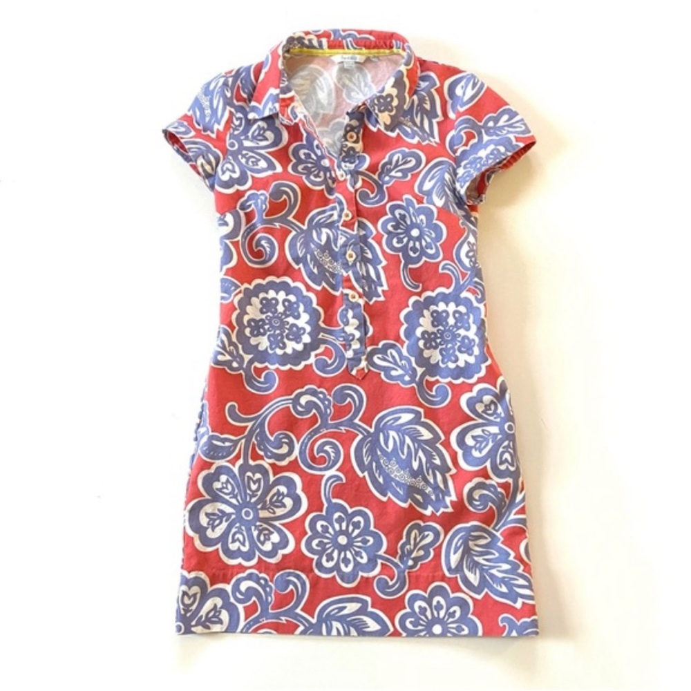 Boden Coral Blue Floral Print Cotton Collared Dress Size 6L Pocketed Button